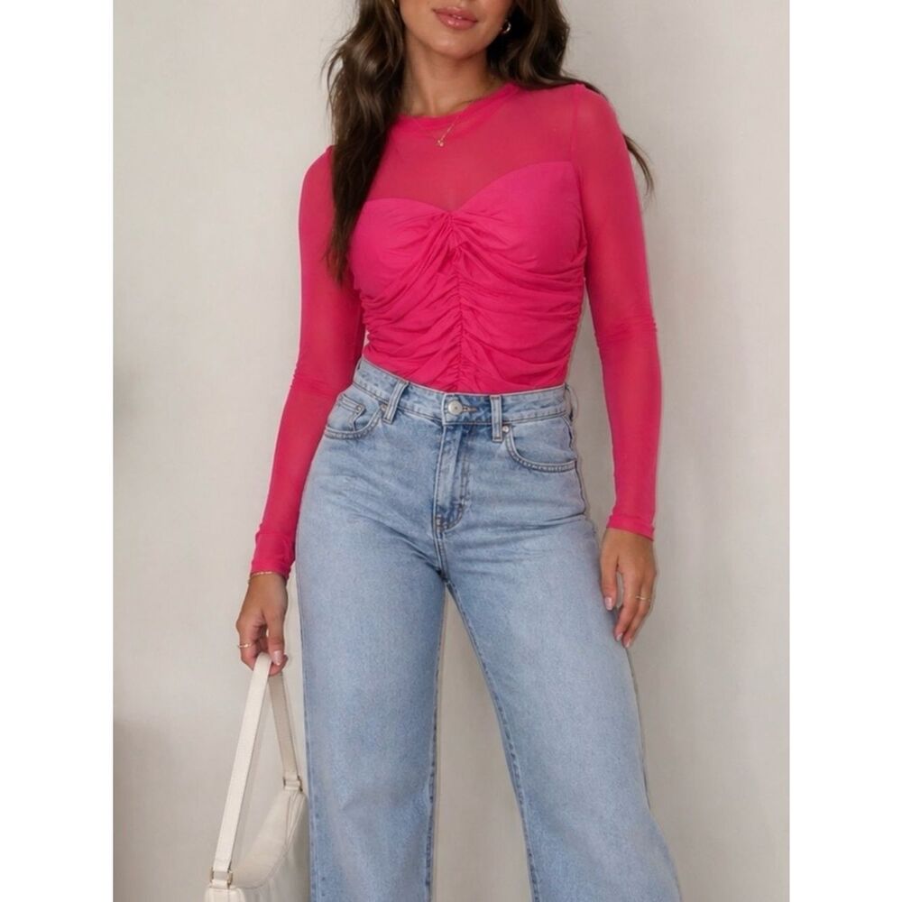 Halara Hot  Pink Ruched Mesh Long Sleeve Stretch Bodysuit Athleisure Size S NWT